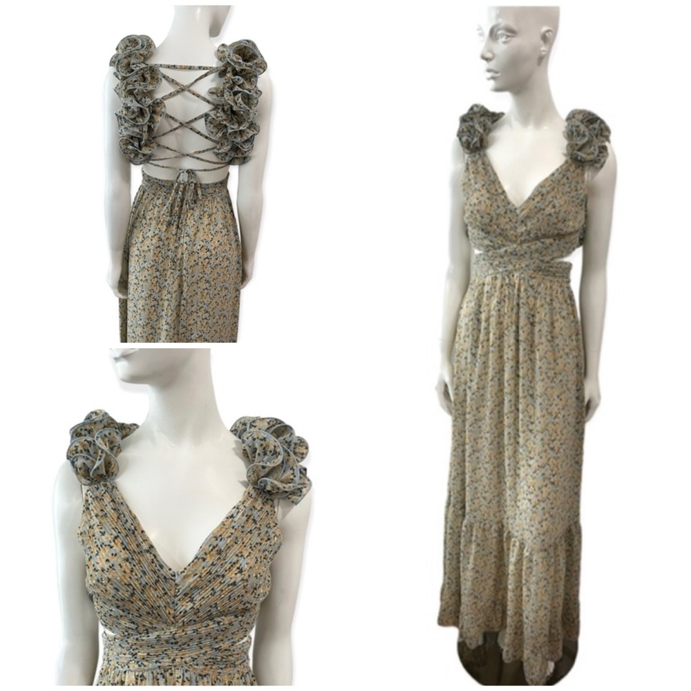 Unique Fate Shimmer Chiffon Ruffle Cutout Maxi Dress